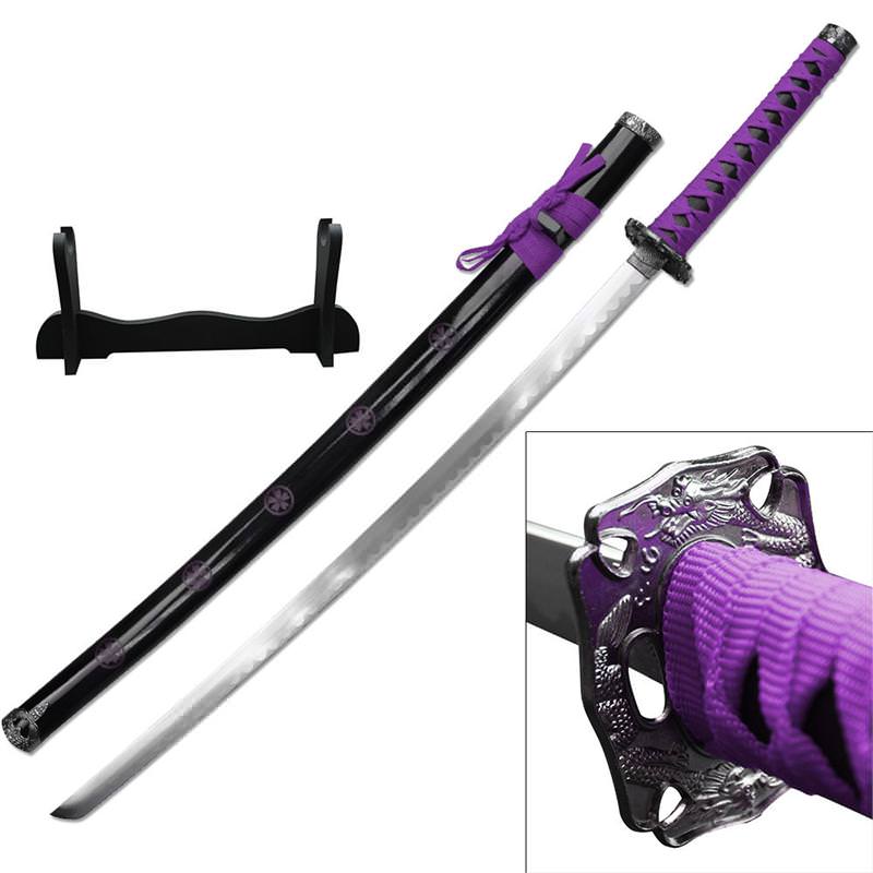 Dragon Sakura Samurai Sword With Stand Carbon Steel Blade Purple - TOPHATTER'S ARMORY DEALS