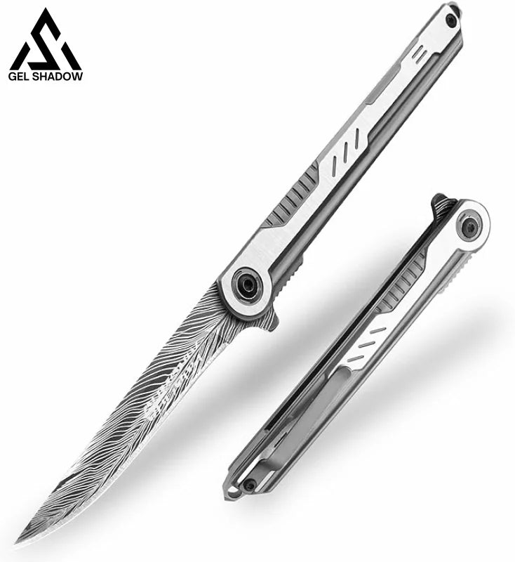 3.5 inch Pocket Knife with Clip and Feather Pattern Blade, EDC Knife for Outdoor-GS22