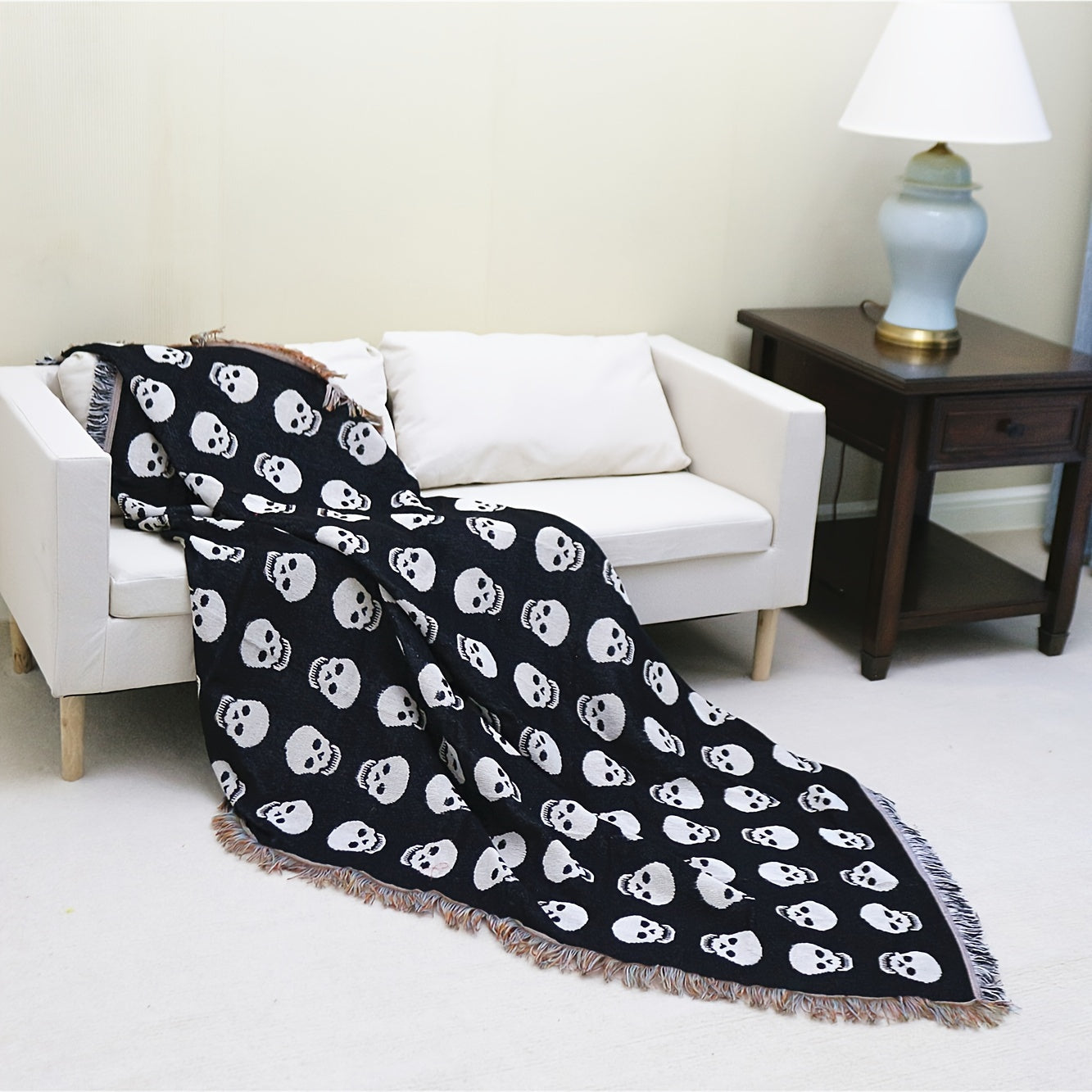 Cozy Bohemian Blanket with White Skull Print & Tassel Trim