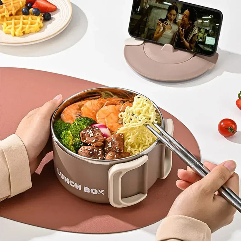 1200ml 304 Stainless Steel Noodle Bowl with Lid Brown