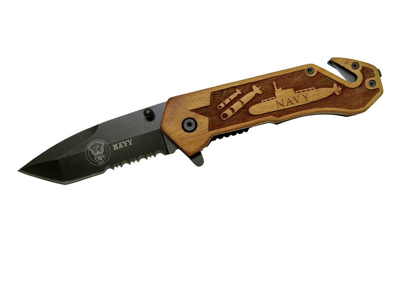 Assisted Opening Rescue Knife - Wood Handle - Navy