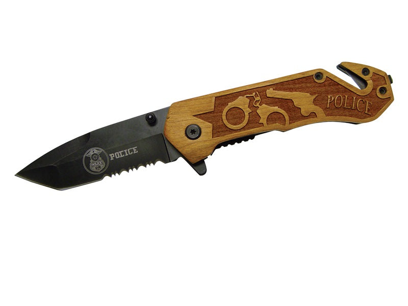 Assisted Opening Rescue Knife with Wood Handle - Police - TOPHATTER'S ARMORY DEALS