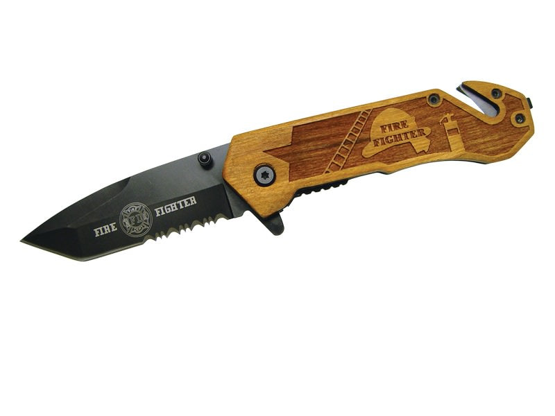 Assisted Opening Rescue Knife with Wood Handle - Fire Fighter