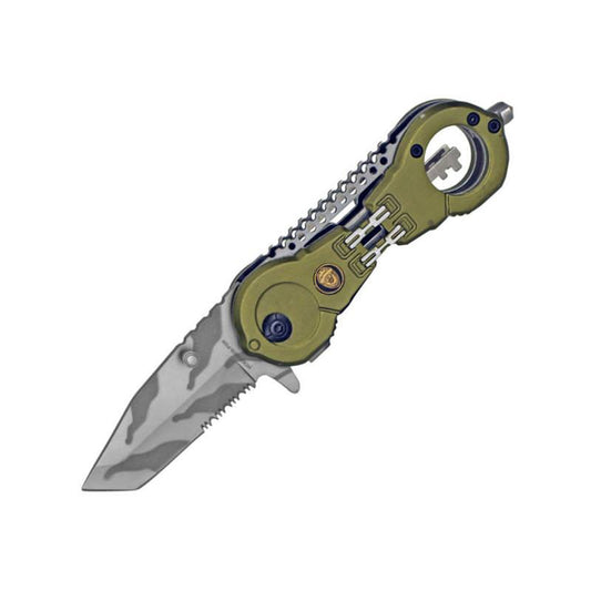 4 5 Inch Police Dept Folding Knife Olive Green Handcuff Spring Assist