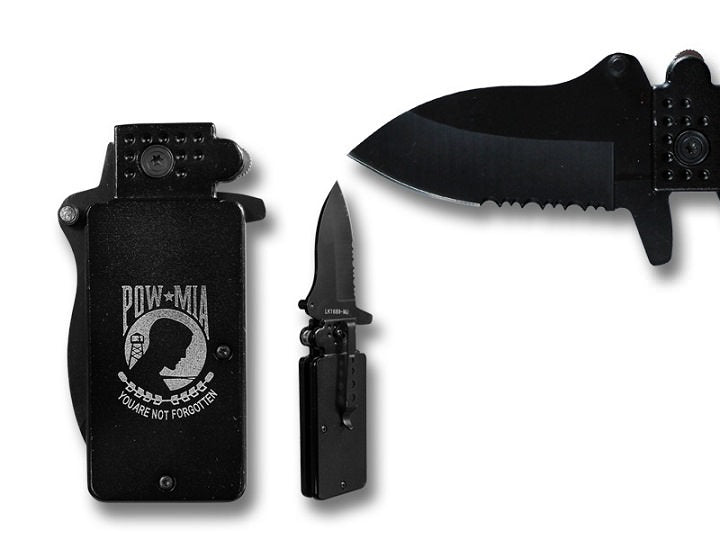POW MIA 3.5 Inch Spring Assisted Lighter Style Knife w Belt Clip