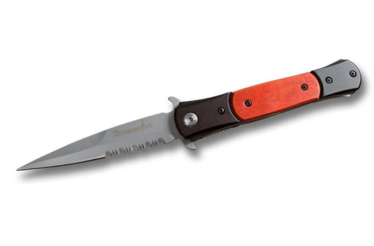 8 Inch Spring Assist Stiletto Grey Brown Wood Handle Knife