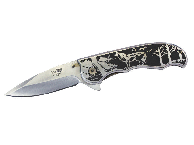 Hawling Wolf Design Printed Metal Handle Assisted Open Knife - TOPHATTER'S ARMORY DEALS