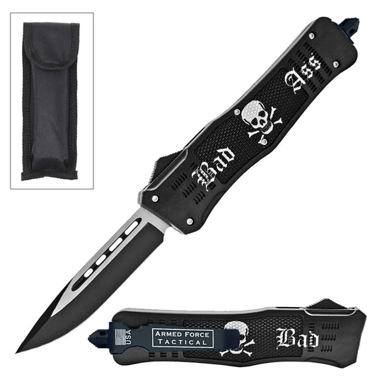 9" Bad A$$ Skull Tactical OTF Pocket Knife Drop Point Blade