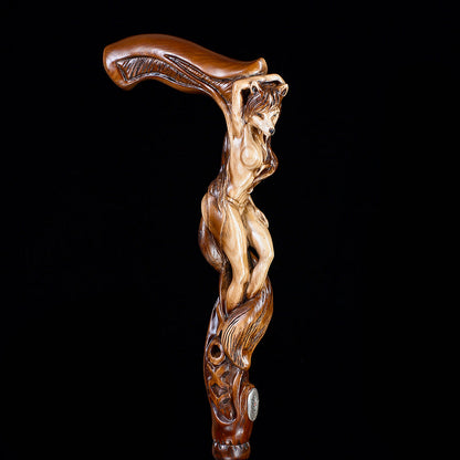 Foxy Girl: Artisan Intricate Detail Hand-Carved Cane