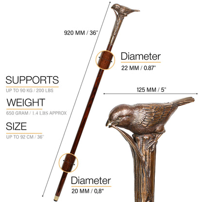 Sparrow Bird: Casted Bronze Artisan Intricate Walking Cane