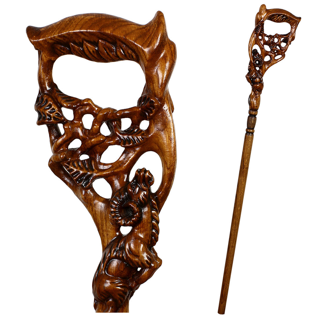 Ram & Tree Scene: Intricately Hand-Carved Artisan Cane