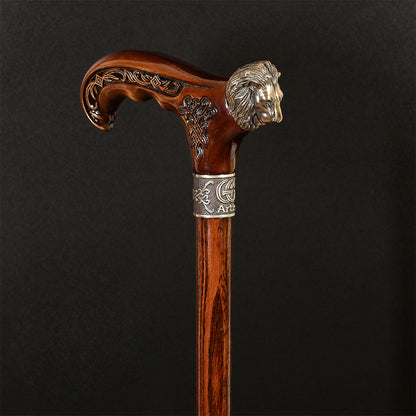 Lion Head Bronze & Wood Cane - Handcarved Artisan Craft