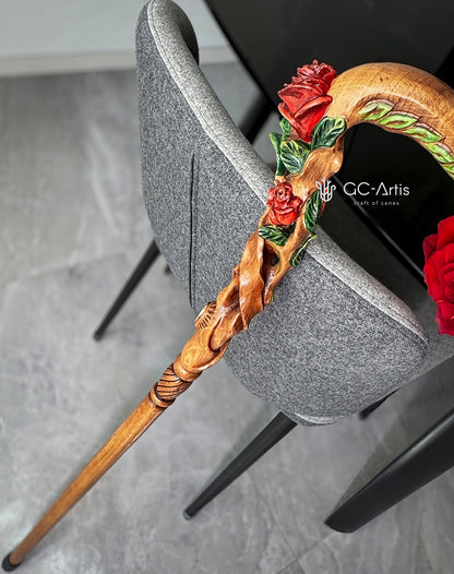 Master-Carved Rose Handpainted Light Wood Walking Cane | Elegant Floral Art