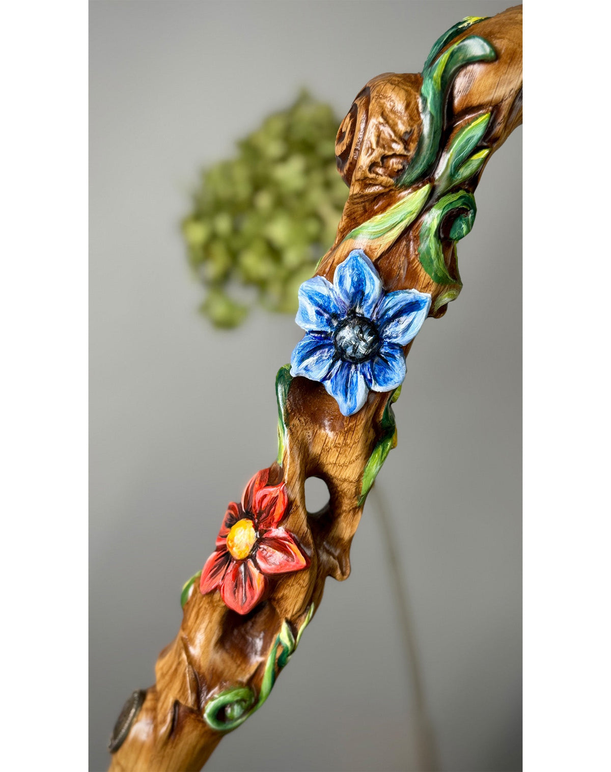 Master-Carved Flowered Walking Cane in Ligt Wood  | Elegant Floral Art