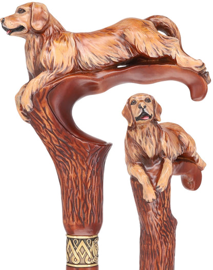 Golden Retriever Dog: Artisan Intricate Detail Handcarved Cane