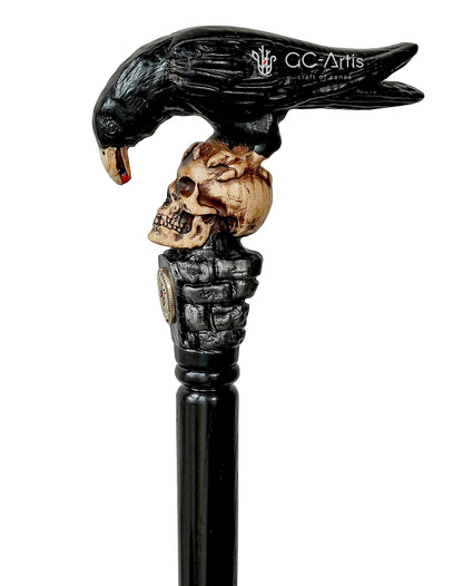 Intricate Handcarved Black Crow & Skull Artisan Cane Black Edition - Unique