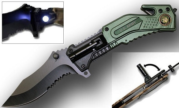 U.S Army Rescue Folder Spring Assist Knife - LED Light - TOPHATTER'S ARMORY DEALS