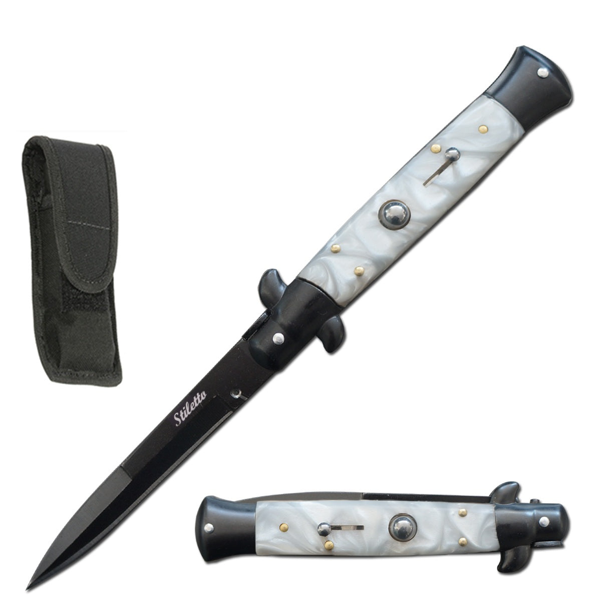 8.75" Italian Stiletto Automatic Knife White Pearl Handle