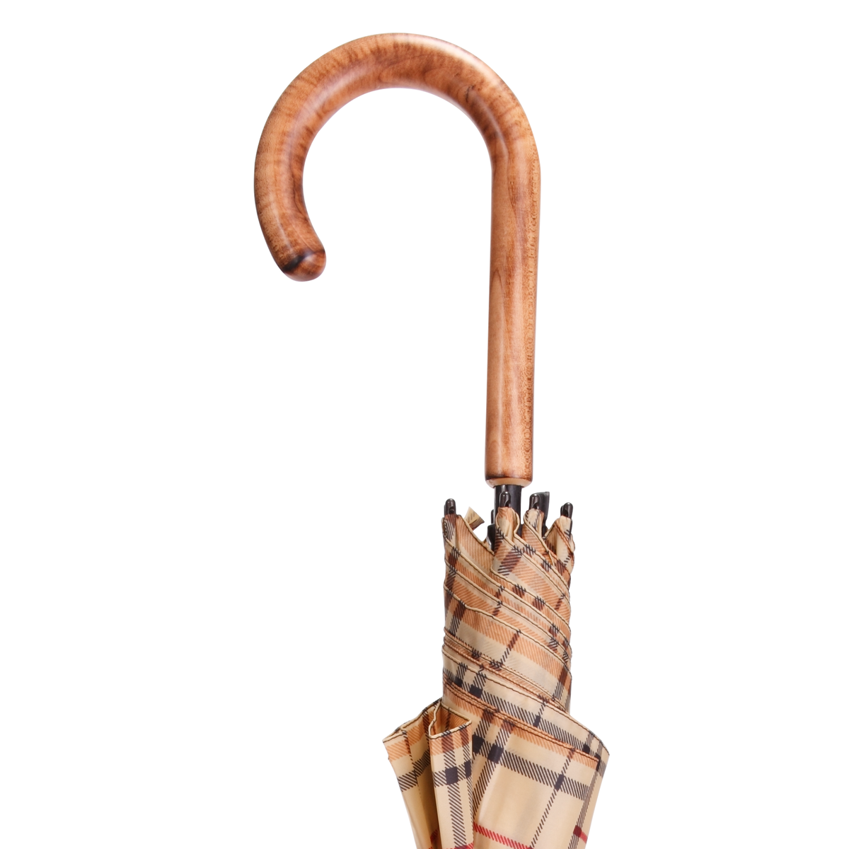 Elegant Tan Tartan Plaid Umbrella with Maple Handle & Auto-Open