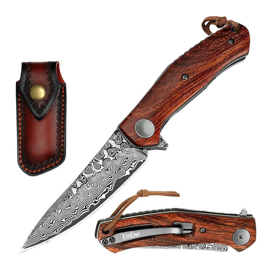 Ball Bearing Drop Point Damascus Blade Pocket Knife Wood Handle - TOPHATTER'S ARMORY DEALS