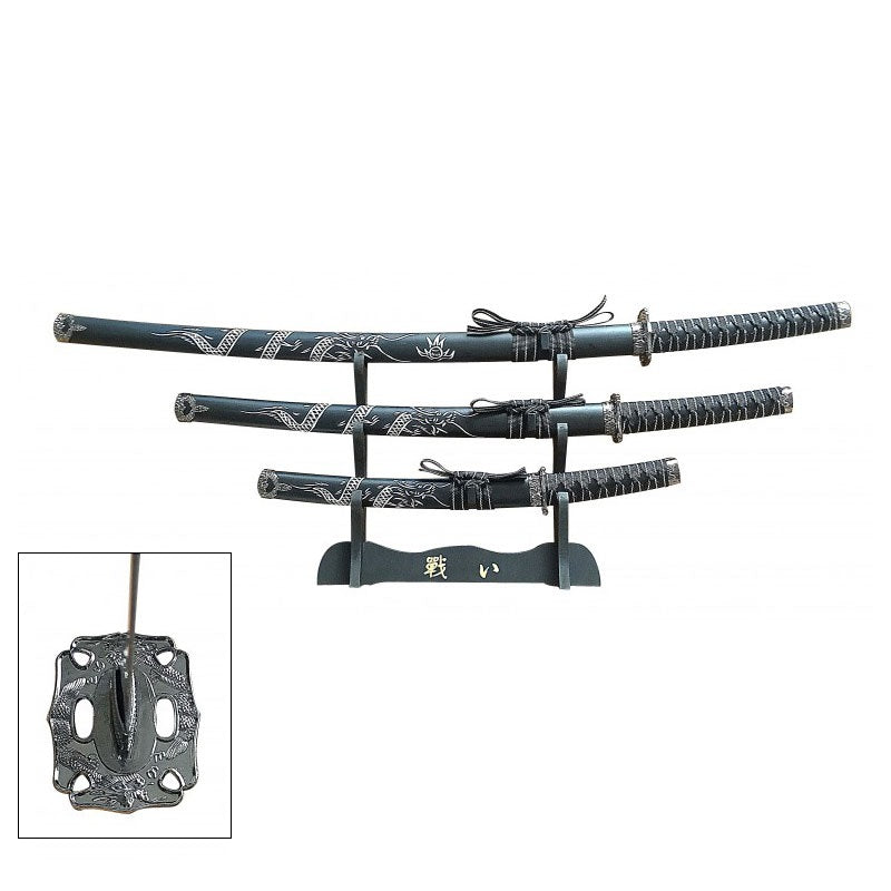 Black 3 Pcs Dragon Samurai Katana Sword Set with Stand