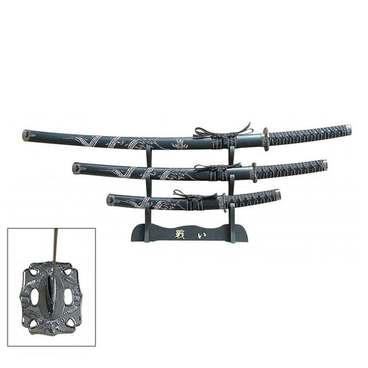 Black 3 Pcs Dragon Samurai Katana Sword Set with Stand