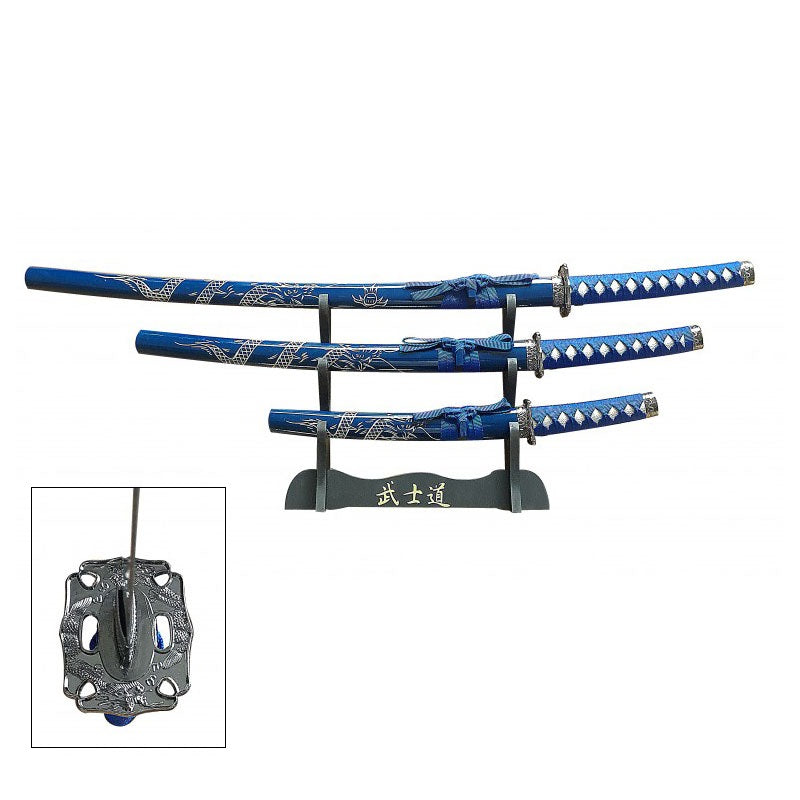 Blue 3 Pcs Dragon Samurai Katana Sword Set with Stand