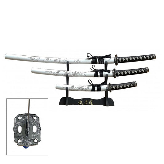 White 3 Pcs Dragon Samurai Katana Sword Set with Stand
