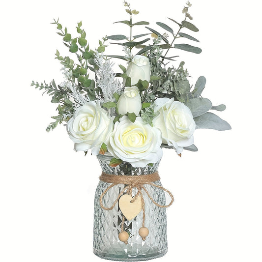 Artificial Fabric Roses & Eucalyptus Floral Arrangement