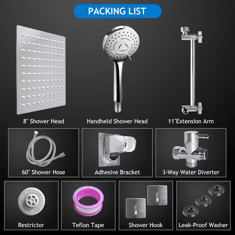 8 Inch Rain Shower Head Combo with Handheld Sprayer, 11 Inch Extension Arm and 3-Way Diverter, Chrome