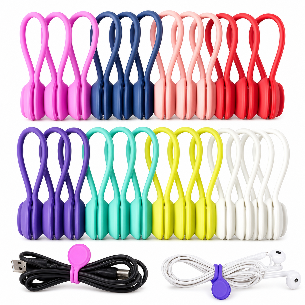Magnetic Cable Ties for Cord Organizing - Reusable Silicone Charger Wrap