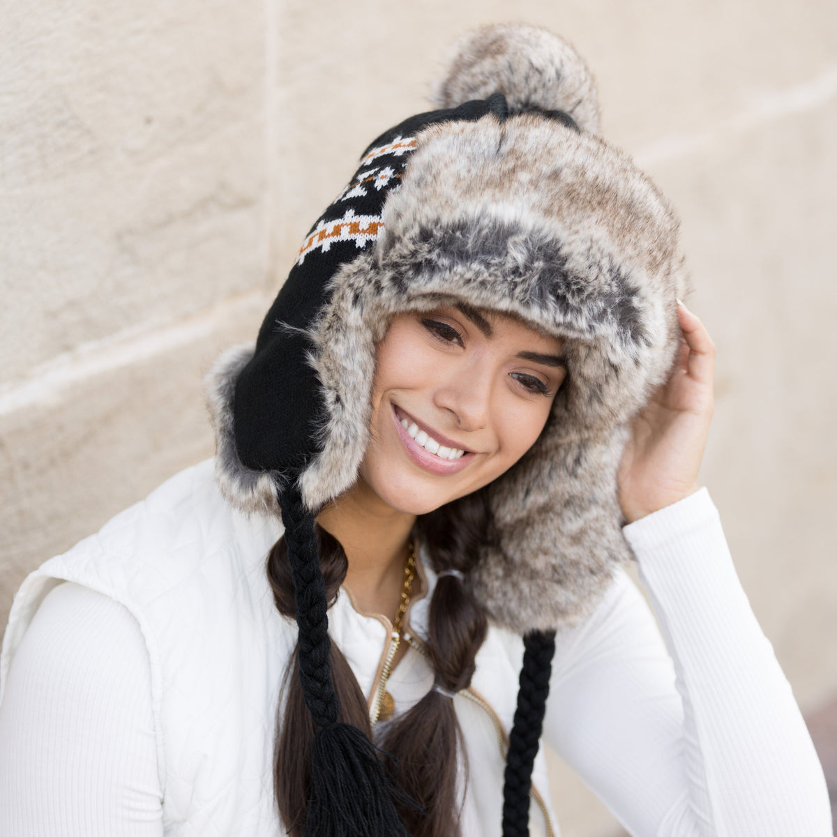 Fair Isle Pom Trapper Hat