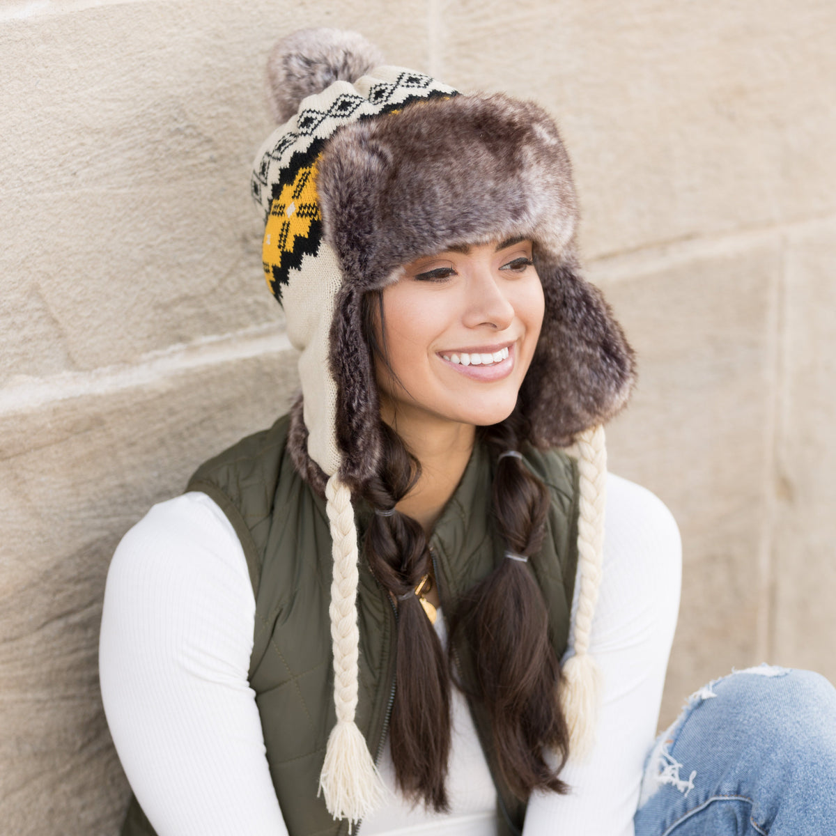 Fair Isle Pom Trapper Hat