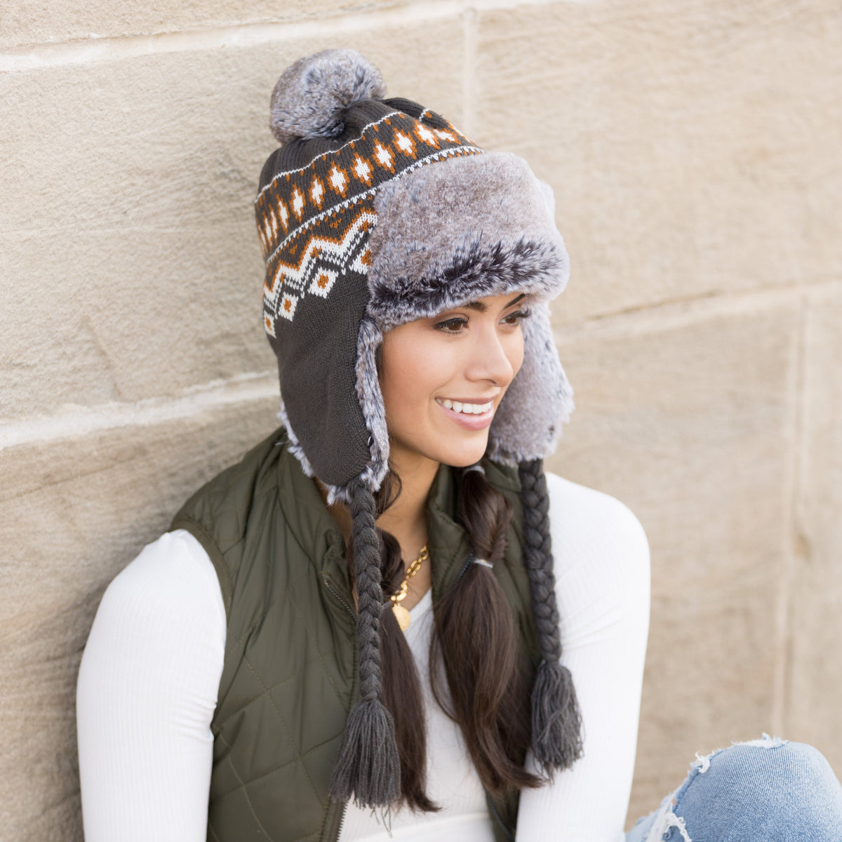 Fair Isle Pom Trapper Hat