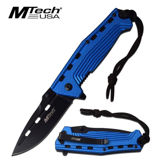 3.5" Black Blade Blue Tactical Lanyard Spring-Assist Folding Pocket Knife