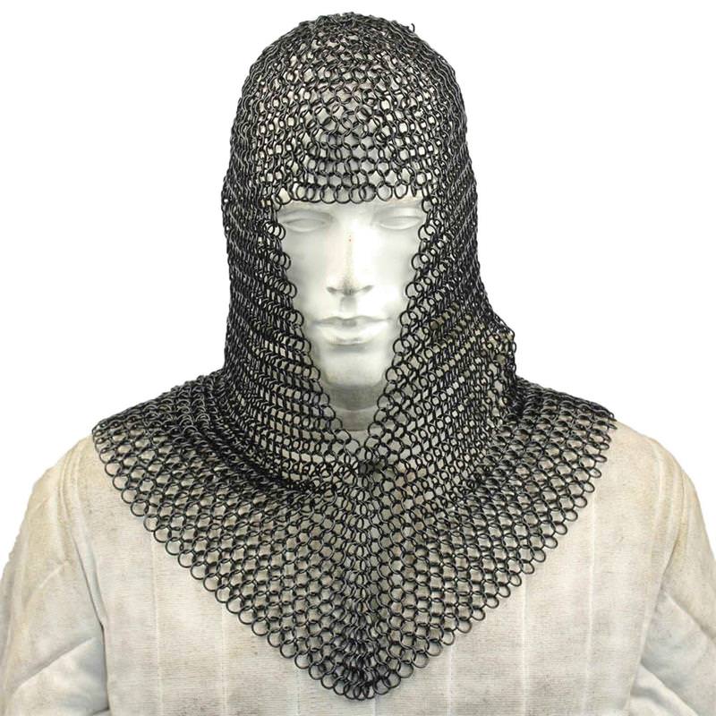 Medieval Face Blackened Steel Chainmail Coif Armor