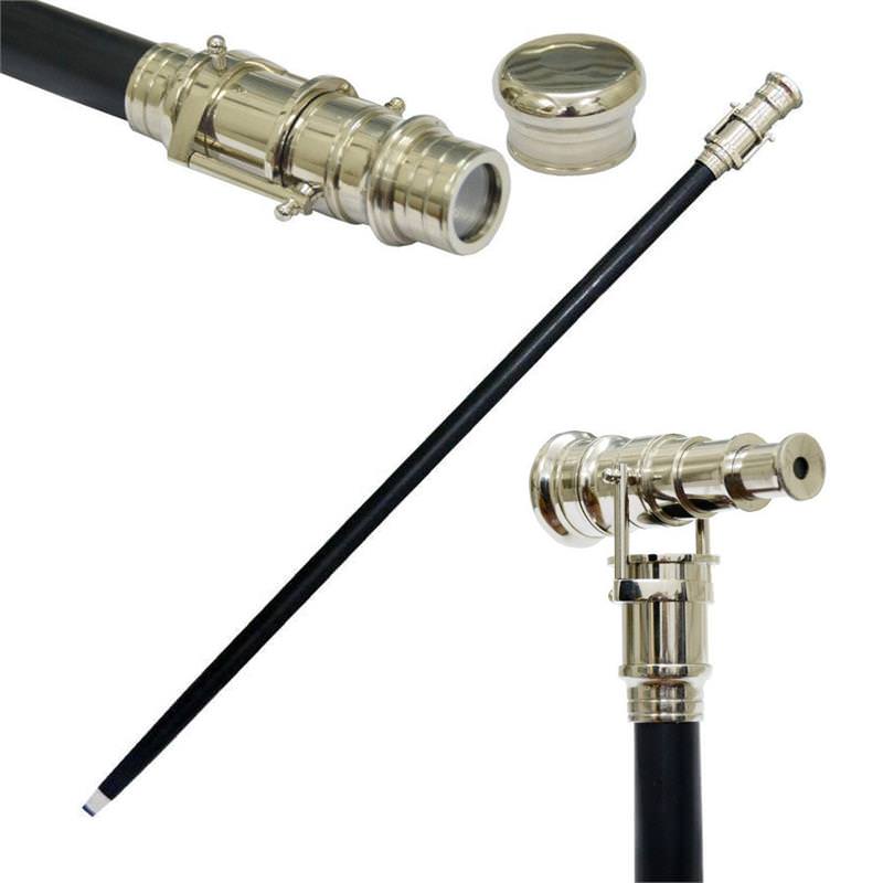 Mechanical Silver Telescope Handle Cane Wood Walking Stick - TOPHATTER'S ARMORY DEALS