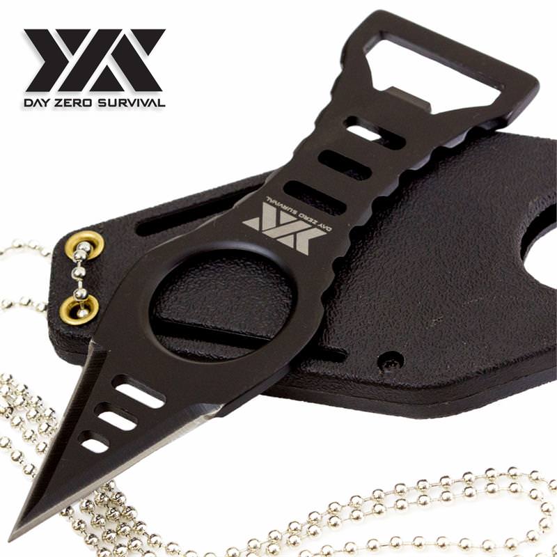 Day Zero Survival Black Bottle Opener Neck Knife Dagger with Kydex Sheath