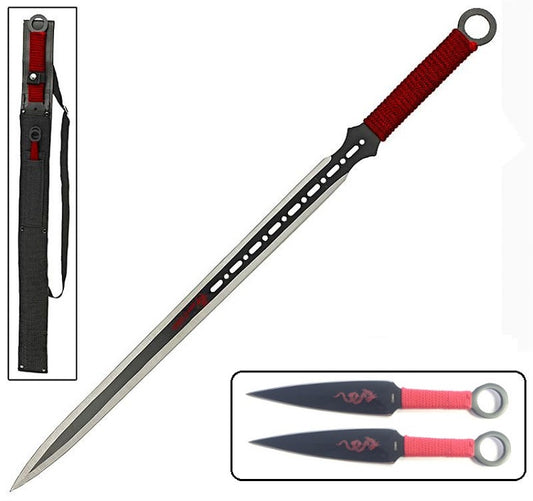 Red Dragon Full Tang Ninja Sword With 2-Pc Kunai Throwing Knife Set