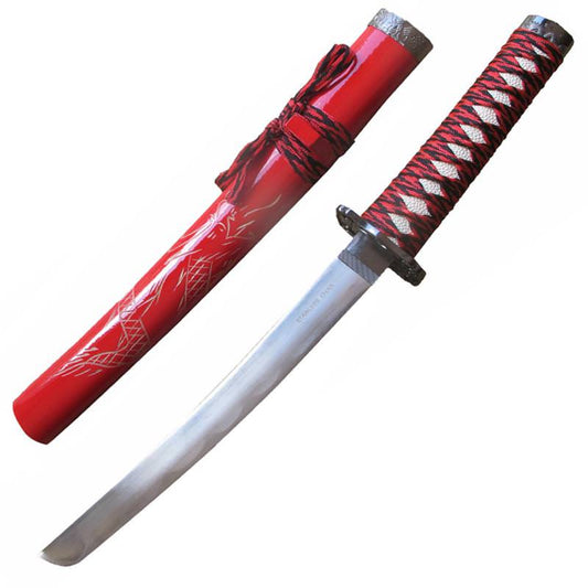Red Samurai Carved Dragon Tanto Blade Sword With Scabbard