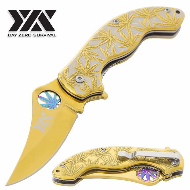 Marijuana Cannabis Leaf DZS Spring Assisted Open Pocket Knife - TOPHATTER'S ARMORY DEALS
