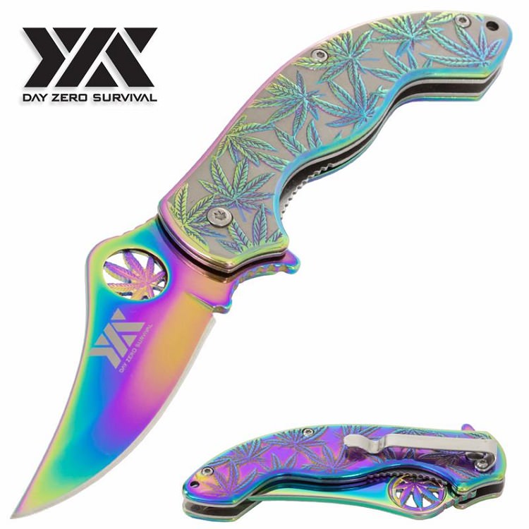 Marijuana DZS Spring Assisted Open Pocket Cannabis Leaf Knife - TOPHATTER'S ARMORY DEALS