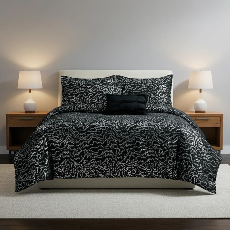 Botanical 5-Piece Comforter Set - Pintuck Bedding with Abstract Wave Design