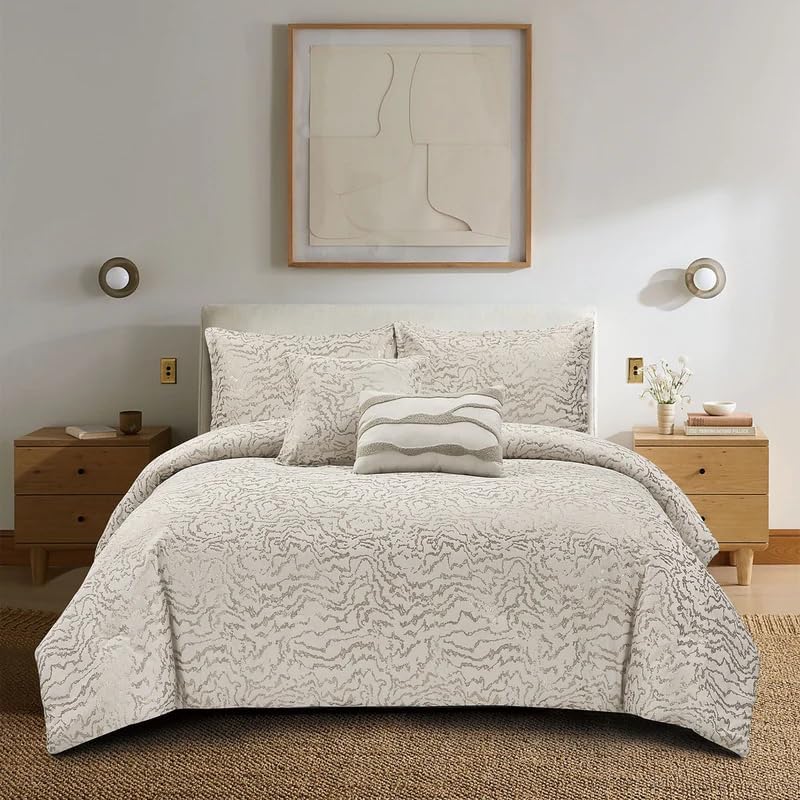 Botanical 5-Piece Comforter Set - Pintuck Bedding with Abstract Wave Design