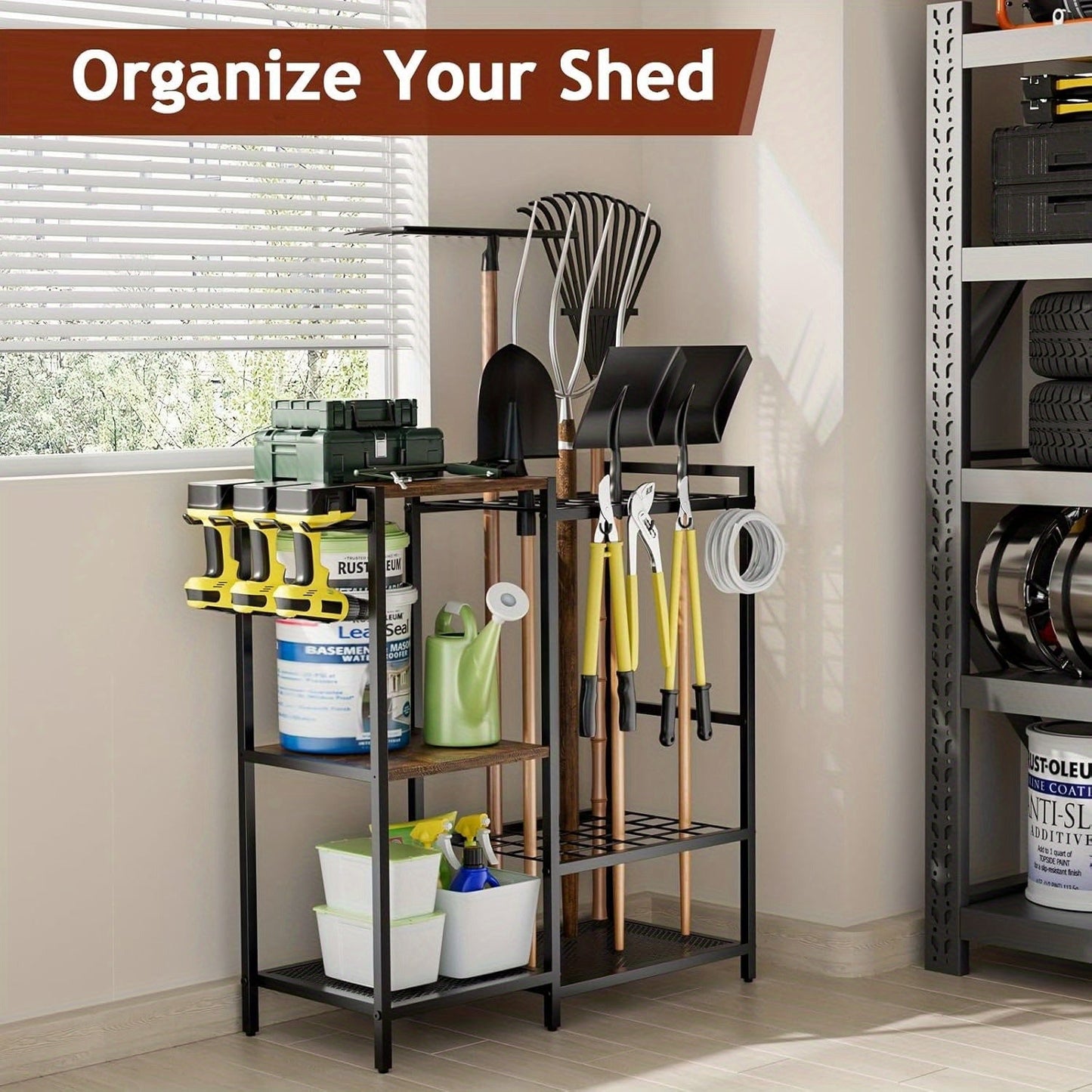 Garden Tool Rack with Wooden Shelves
