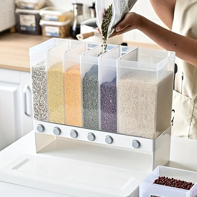 1pc Wall-Mounted Multi-Grid Food Dispenser - Large Capacity Rice Bucket