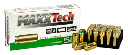 9mm PAK Blank Cartridges, 50 Rounds per Box Brass Plated