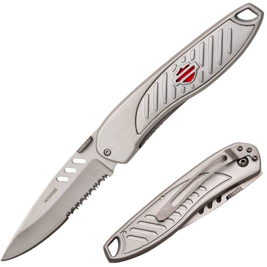 Gray Aluminum Ribbed Handle Serrated Blade Assisted Open Knife