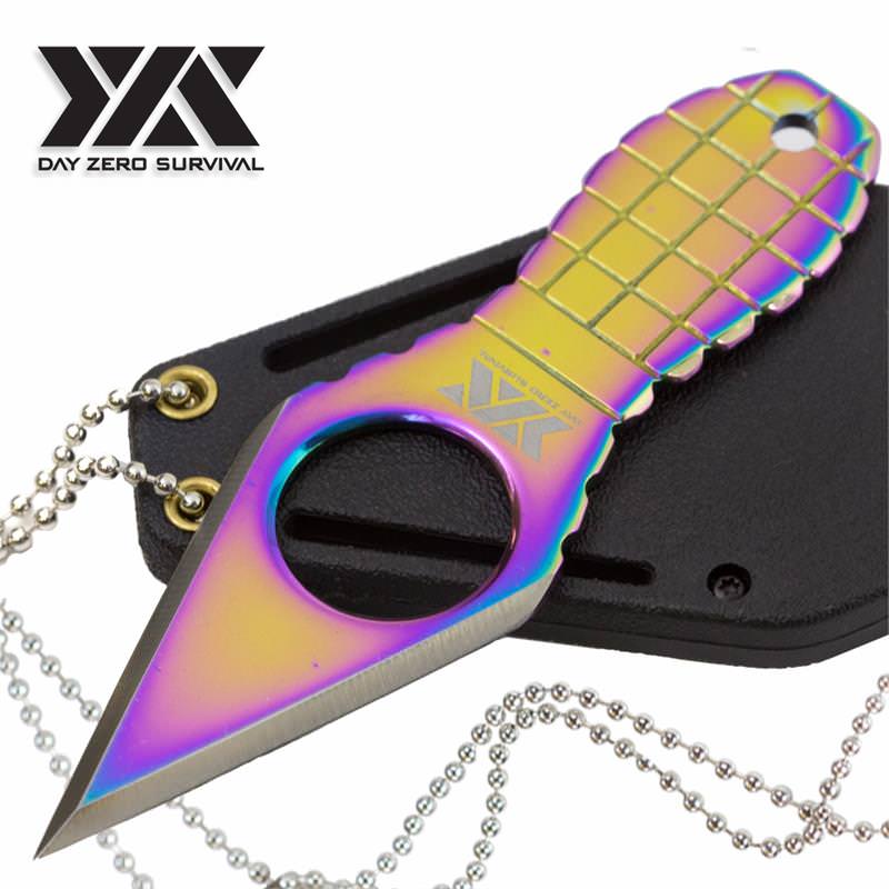 Day Zero Survival Fixed Blade Neck Knife Titanium Rainbow Grenade Handle - TOPHATTER'S ARMORY DEALS