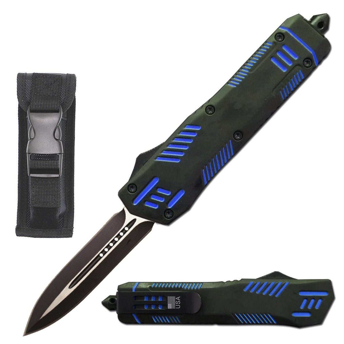 9" Automatic Dual Action Blue Pitbull OTF Dagger Blade Knife - TOPHATTER'S ARMORY DEALS